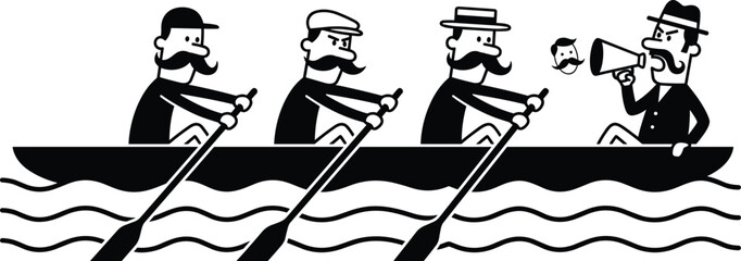 Vintage Rowing Team Cartoon Illustration with Mustached Men in Boat Leadership and Teamwork Concept © Arifa