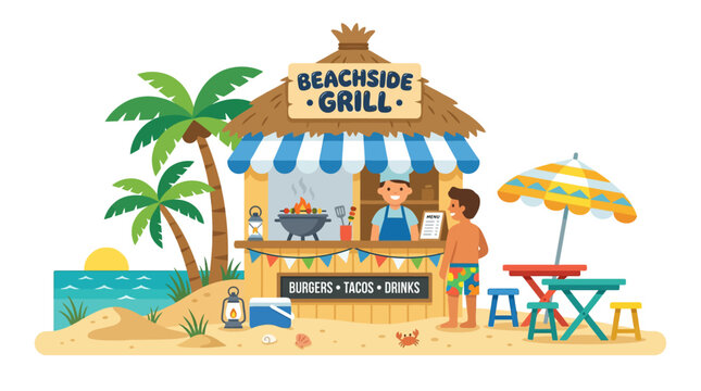 Beachside grill food shack with tropical palm trees.