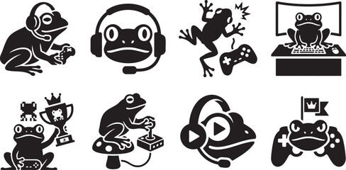 Funny gamer frogs wearing headphones playing video games silhouettes © HM