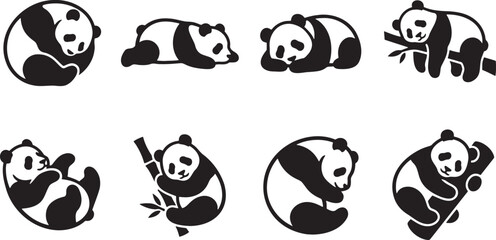 Cute panda bears eating bamboo shoots playful silhouettes collection © HM