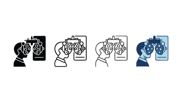Four different graphic styles illustrate a person undergoing an eye examination with a phoropter device to check vision acuity
