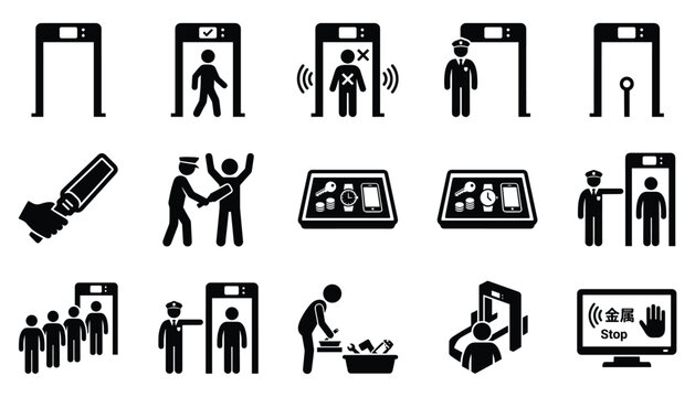 Security checkpoint icons with metal detector gates and baggage scanning in vector illustration set.