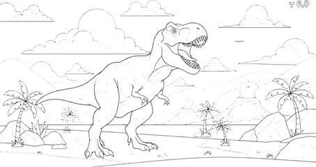 T-rex dinosaur coloring page for kids with palm trees and a prehistoric landscape © Mostafizur