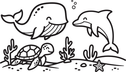 Fototapeta premium Cute whale dolphin and turtle swimming underwater in the ocean for kids coloring page