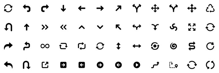 Fototapeta premium Set of black arrow icons and directional symbols isolated on transparent background