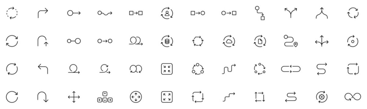 Set of various black line arrow and cycle icons representing directions, rotations, refresh, sync, transfer and process flows on transparent background