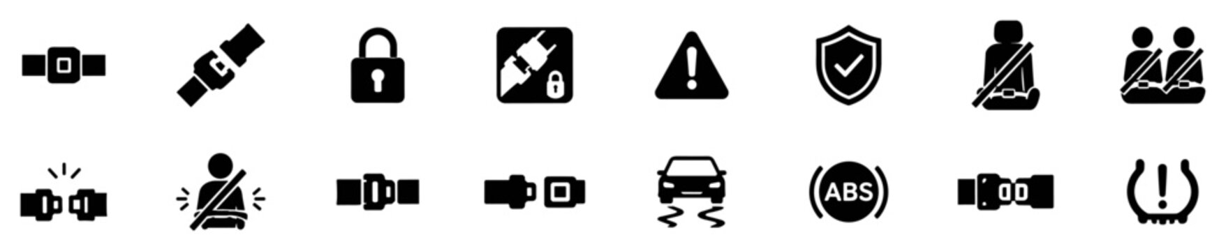 Set of black seat belt safety icons and warning symbols for vehicle security and protection on transparent background