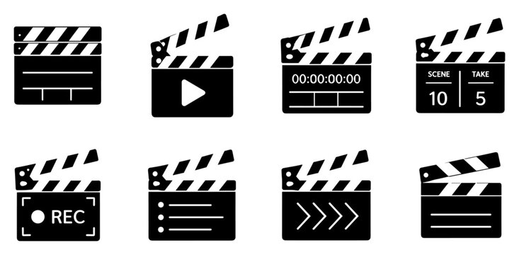 Set of eight black movie clapperboard icons in various styles and with different symbol details on transparent background