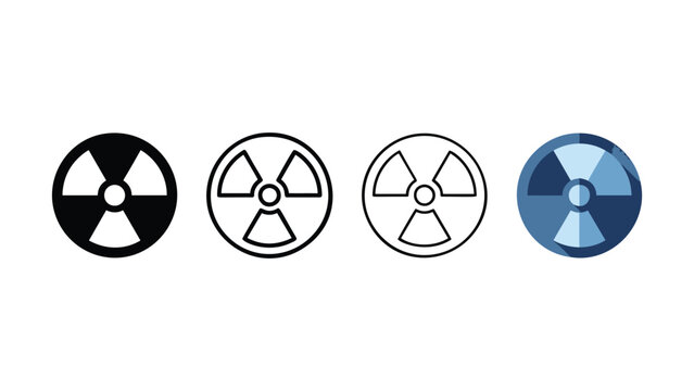 Set of radioactive symbols in different styles including a solid black filled circle line art outline and a stylized blue circular design with subtle shading isolated on transparent backgrounds