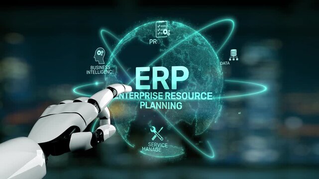 A futuristic robotic hand points at a holographic ERP interface showcasing business management components, illustrating advanced technology in digital planning. Synapse