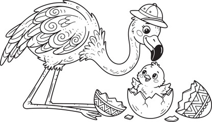 Cute flamingo mother wearing safari hat looking at her newborn baby chick hatching from easter egg © Mostafizur