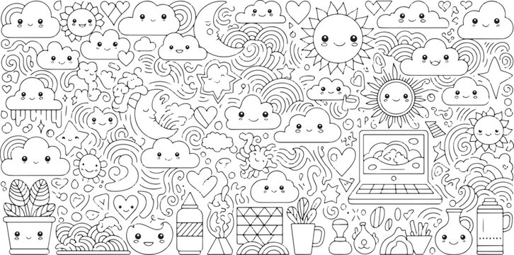 Cute kawaii doodle pattern with smiling sun clouds and moon for kids coloring book page