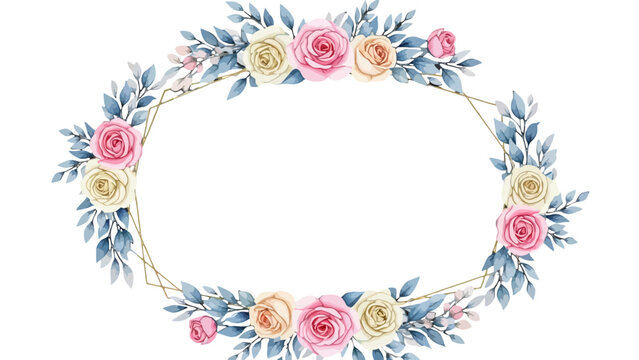 Romantic Watercolor Oval Floral Frame with Pink and Yellow Roses and Blue Leaves on Isolated White Background