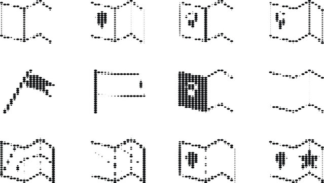 Collection of map and flag icons in halftone dot style representing location travel navigation and topography design.