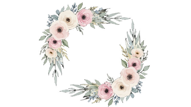 Watercolor Floral Corner with Pink and Cream Roses and Greenery on Isolated White Background