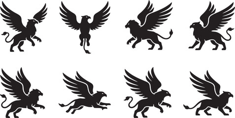 Naklejka premium Mythical flying griffins majestic heraldic creature poses silhouettes