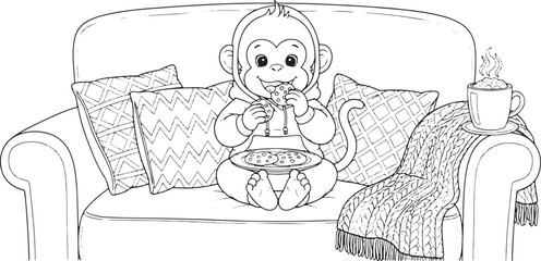 Cute cartoon monkey eating cookies on a cozy sofa with pillows and a cup of hot drink © Mostafizur