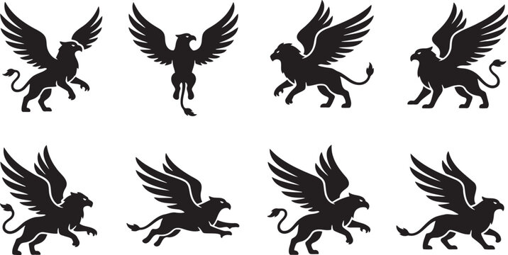 Mythical flying griffins majestic heraldic creature poses silhouettes