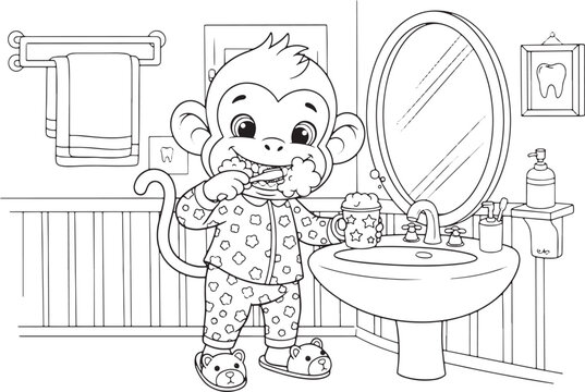 Cute cartoon monkey brushing teeth in the bathroom for a coloring page