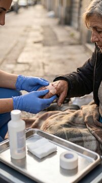 Healthcare Worker Providing Medical Care to Homeless Person in Community Outreach Setting