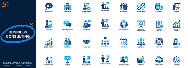 Obraz premium Business consulting icon set for corporate management and advisory services. Strategy, leadership, teamwork, client communication, finance, partnership, training. Editable icons collection. Vector.