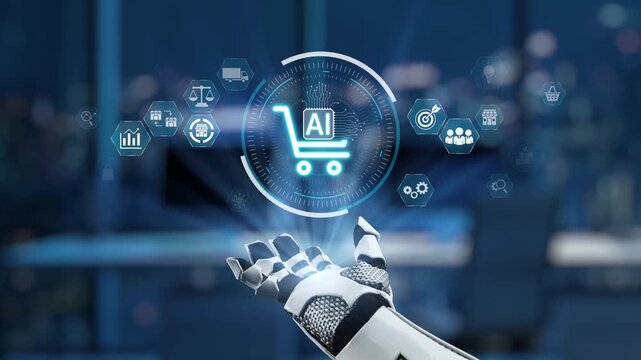 A robotic hand represents the synergy between technology and e-commerce, showcasing digital icons for shopping, analytics, and artificial intelligence in a modern environment. Synapse