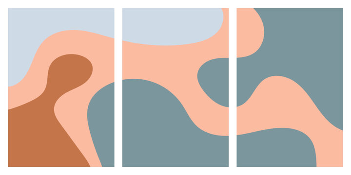 Abstract organic shapes in pastel tones on a triptych canvas.