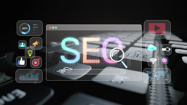 SEO concept for improving SEO visibility, with SEO related digital tools and SEO performance icons shown in an focused layout for strategic marketing. Muxer