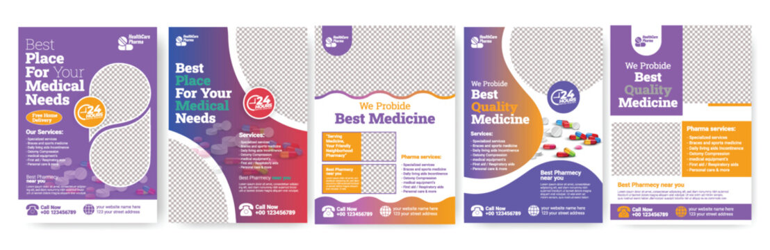 Set of Creative Medical Clinic and Pharmacy Advertising Flyer poster Bundle, Editable Healthcare leaflet Brochure Template Collection for Professional Drugstore Branding and Modern Marketing Campaigns