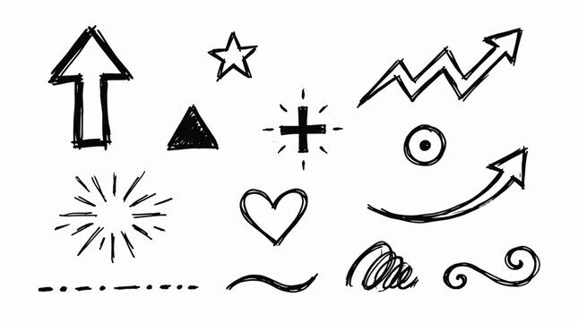 Collection of hand drawn sketch elements arrow star triangle cross rays heart swirl and scribbles on white background.