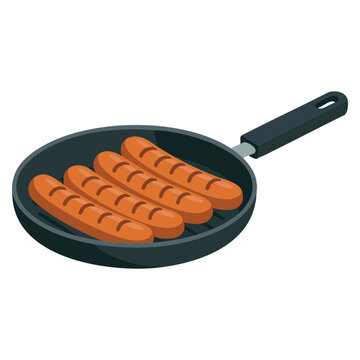 Sausages frying in a pan isolated on white background. Meat delicacy food illustration perfect for cooking and restaurant themed designs.