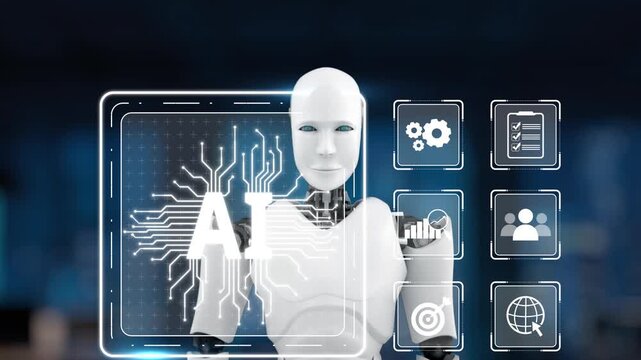 Humanoid robot engages with a holographic display featuring AI technology and data analytics in a modern workspace, showcasing innovation and digital interaction. Synapse