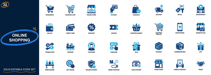 Online shopping and ecommerce icon set for retail stores and digital marketplaces. Cart, payment, delivery, checkout, discount, wallet, smartphone, supermarket. Editable icons collection. Vector. © aura studio