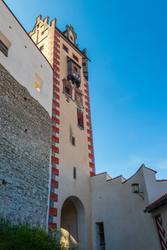Medieval fortified tower and stone walls of the Hohes Schloss castle in Fussen, Bavaria, Germany