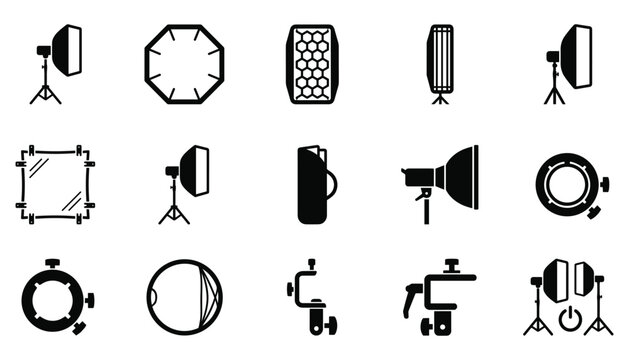 Professional photo studio lighting equipment and softbox reflectors icon set vector illustration.