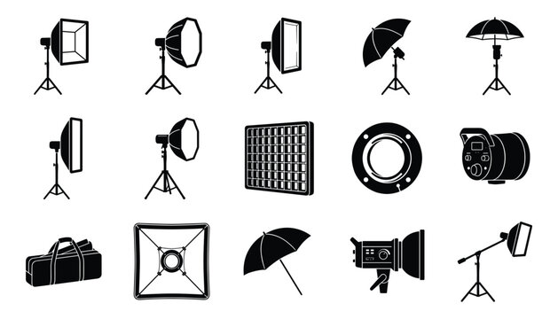 Photographic studio lighting modifiers and portable flash equipment icons vector illustration set.