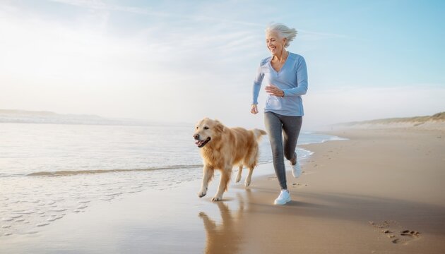 Elderly Woman Running with Golden Retriever on Beach under Blue Sky