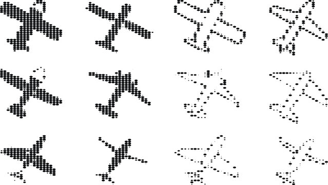 Halftone airplane icons set with various aircraft shapes in black ink dot pattern for travel and aviation transportation.