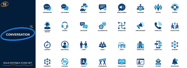 Conversation and communication icon set. Chat, dialogue, teamwork, meeting, support, customer service, AI assistant, messaging interface. Editable icons collection. Vector. © aura studio