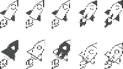 Halftone rocket ship icons set on transparent background for startup launch concepts and space exploration design projects. © nidrarani