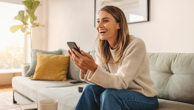 Woman Sitting on Couch Using Smartphone With Bright Living Room Background