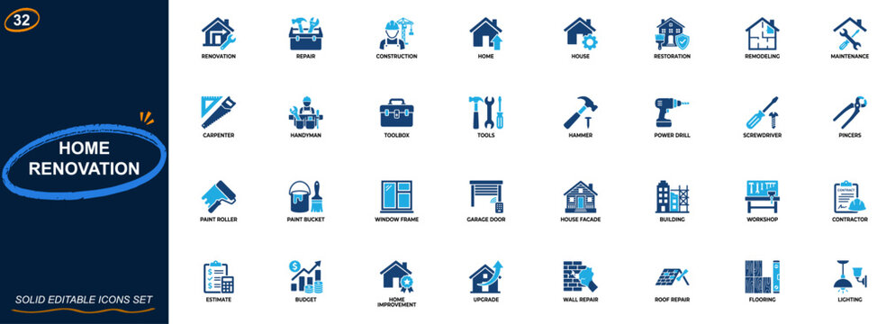 Home renovation and repair icon set. House restoration, DIY construction, building tools, carpenter equipment, maintenance services, remodeling project. Editable icons collection. Vector.