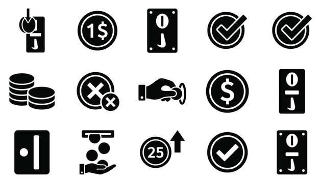 Coin mechanism and payment machine icons black vector illustration for currency transaction systems.