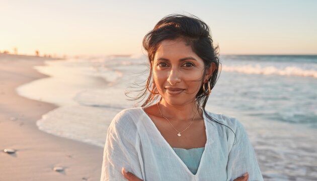 Peaceful woman enjoying sunset on beach with ocean waves and sandy shore