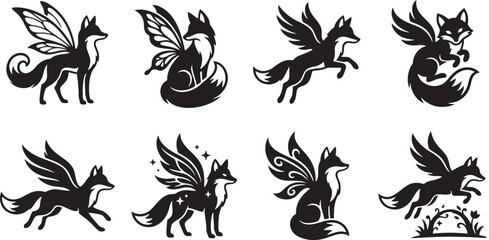 Fototapeta premium Winged fairy foxes and mythical flying kitsune silhouettes set