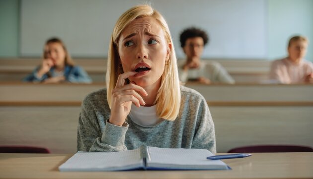 Student Girl Sitting in Classroom Looks Confused and Anxious During Lesson