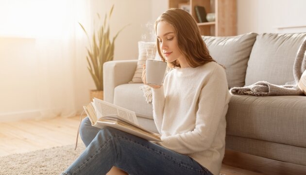 Woman Relaxing at Home Reading Book and Drinking Coffee in Cozy Living Room
