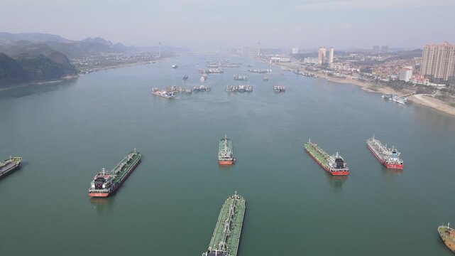 Tanker Ships Anchored in a Coastal Harbor