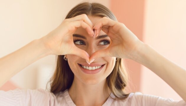 Beautiful smiling woman making heart shape with hands around face indoors