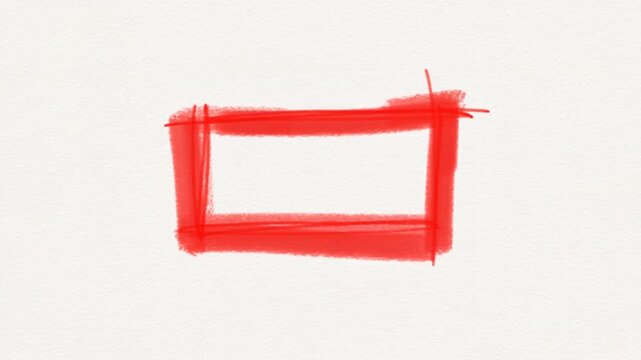 Static close up shot of artist hand drawing red rectangular frame with brush strokes on white paper background in studio progressive step by step illustration process
